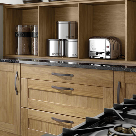 Oak kitchen curved drawers open shelves