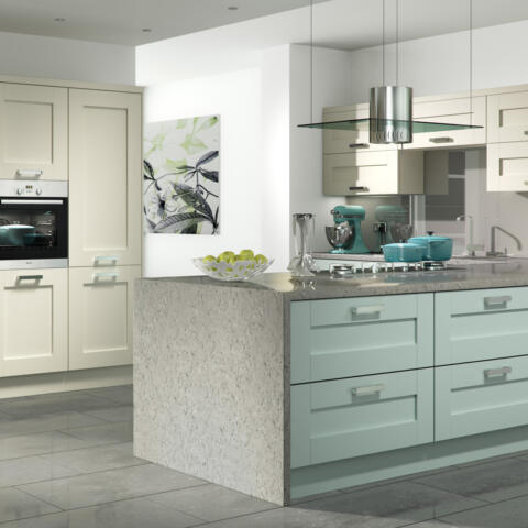Windsor shaker painted ivory light blue kitchen hero